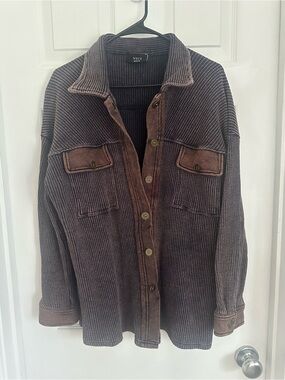 VICI Navy Brown Ribbed Button-Front Knit Shacket with Suede Trim